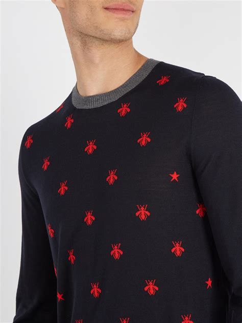 gucci blue and red sweater|Gucci bee embroidered sweater.